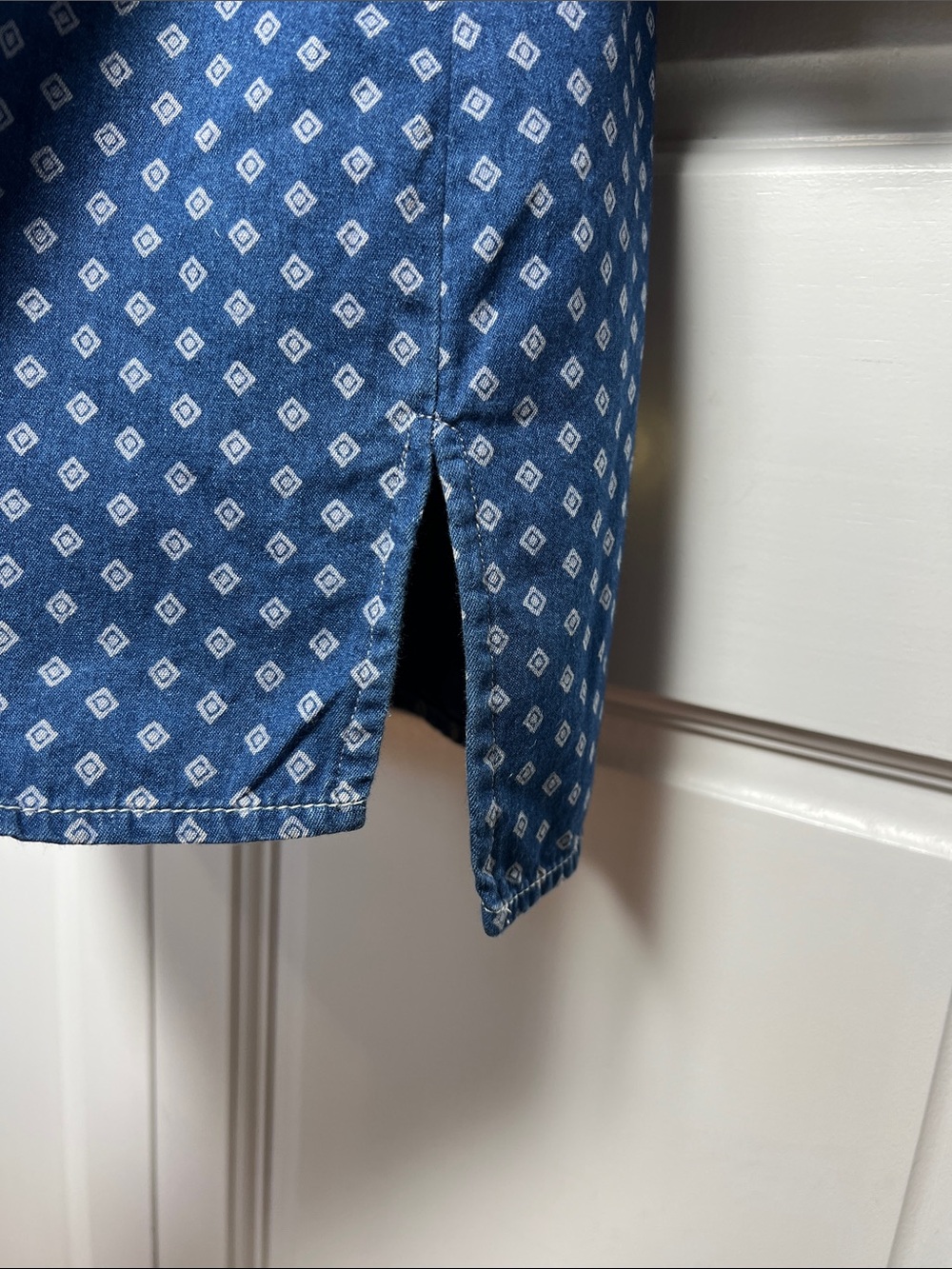 J. Jill XL denim shirt button front, blue with diamond print, convertible sleeve - Picture 9 of 11
